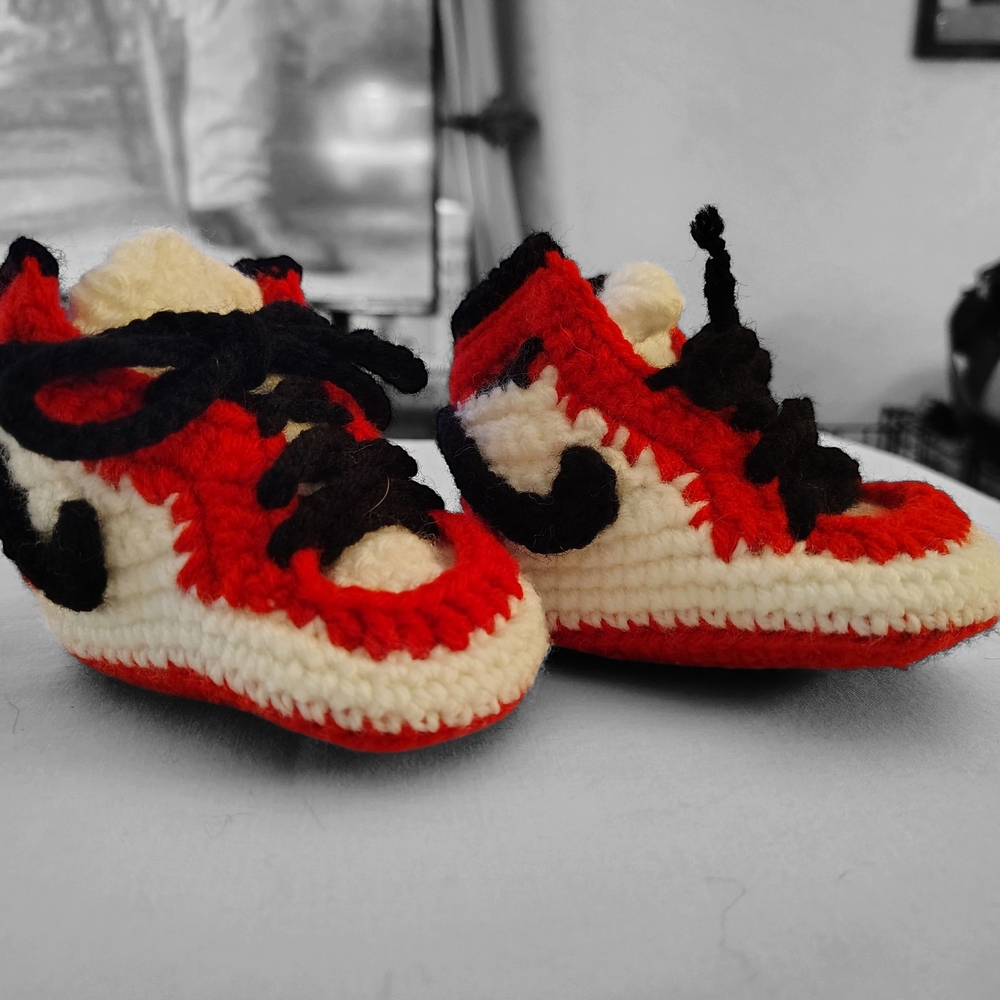 Handmade Red & White Kids Crochet Baby J's Shoes/Booties (0-3, 3-6, 6-9 Months)